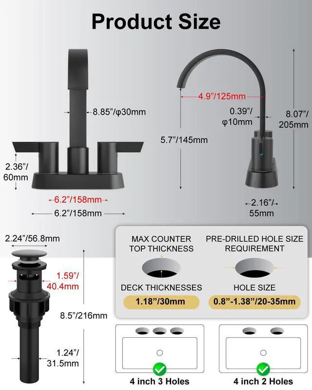 Alt view image 7 of 7 - Matte Black Bathroom Faucet,4 Inch Centerset 2-Handle Waterfall | Includes Pop-Up Drain,24-Inch Supply Lines,Mounting Hardware,SUS304 Stainless Steel Construction,And A 360° Swivel Spout