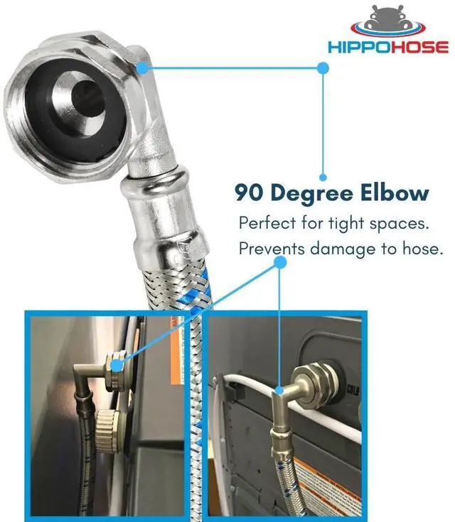 Alt view image 3 of 7 - Washing Machine Hoses (4 FT) - Double 90° Elbow to Fit Tight Spaces - OCTAGON Connections for Easy & Secure Tightening - Burst Proof Water Supply Line (2 Pack) - Universal Fit to All Wash Machines