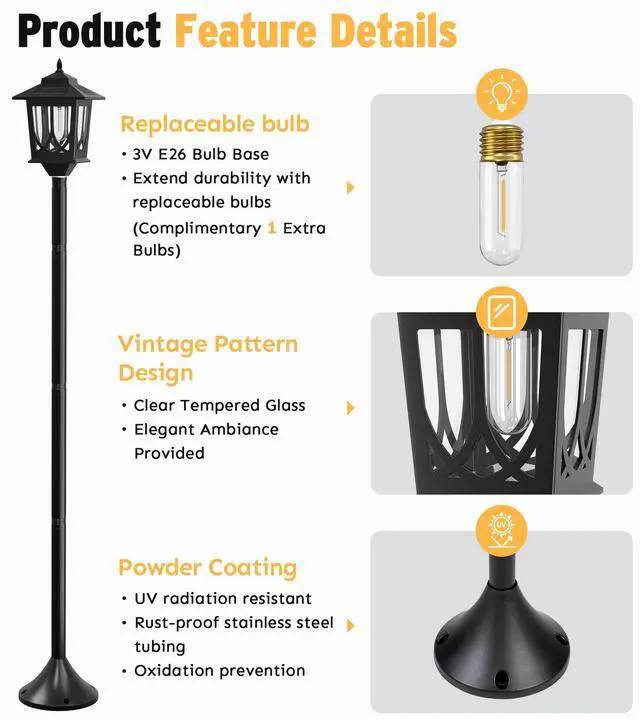 Alt view image 3 of 7 - 63" Solar Lamp Post Light 2 Pack, Solar Post Lights Outdoor | Garden Decor, 1 Extra Bulbs, Warm 3000K Glow, IP44 Water-Resistant, Solar Light Posts for Outside, Patio, Backyard and Porch
