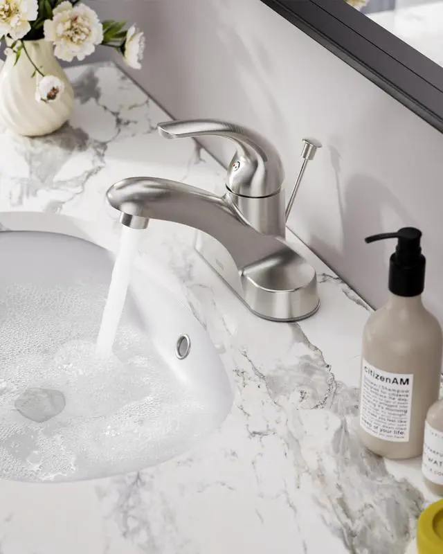 Alt view image 2 of 7 - Bathroom Faucet 1 Handle Low Arc Single Handle 4 inch Centerset Bathroom Sink Faucet with Pop Up Drain Assembly Basin Mixer Tap Brushed Nickel Vanity Faucets