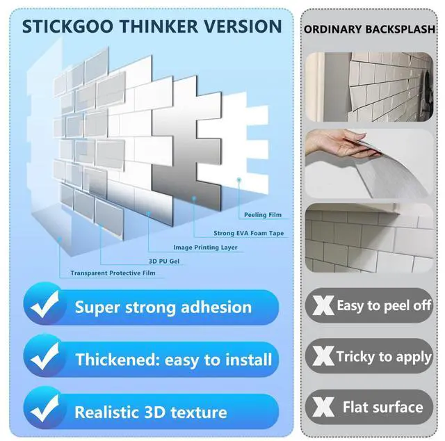 Alt view image 2 of 7 - Subway Tile Peel and Stick Backsplash, Thicker Design 12" x 12" Stick on Backsplash Tiles for Kitchen, Bathroom, Wall Tile (10 Sheets, Bright Glossy White)
