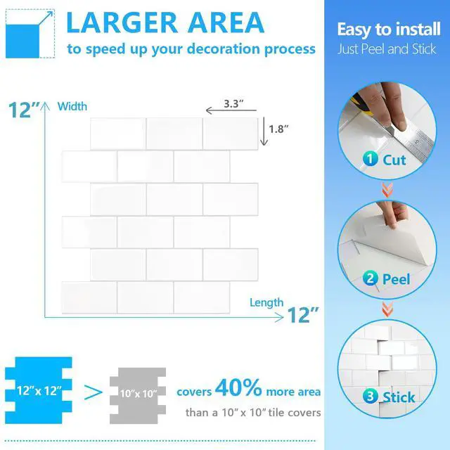 Alt view image 4 of 7 - Subway Tile Peel and Stick Backsplash, Thicker Design 12" x 12" Stick on Backsplash Tiles for Kitchen, Bathroom, Wall Tile (10 Sheets, Bright Glossy White)