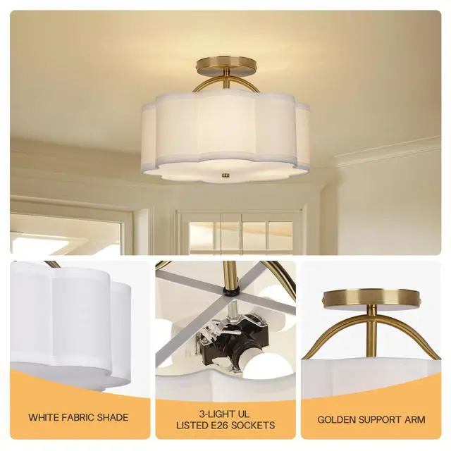 Alt view image 2 of 7 - Semi Flush Mount Ceiling Light, 11.8" Modern 3-Light Fixture with Petal-Shaped Cream White Fabric Shade and Golden Support Arm, Ideal for Bedroom, Kitchen, Living Room, Hallway, and Entryway