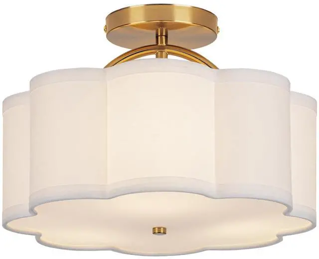 Main image of Semi Flush Mount Ceiling Light, 11.8" Modern 3-Light Fixture with Petal-Shaped Cream White Fabric Shade and Golden Support Arm, Ideal for Bedroom, Kitchen, Living Room, Hallway, and Entryway
