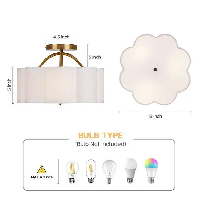 Alt view image 3 of 7 - Semi Flush Mount Ceiling Light, 11.8" Modern 3-Light Fixture with Petal-Shaped Cream White Fabric Shade and Golden Support Arm, Ideal for Bedroom, Kitchen, Living Room, Hallway, and Entryway