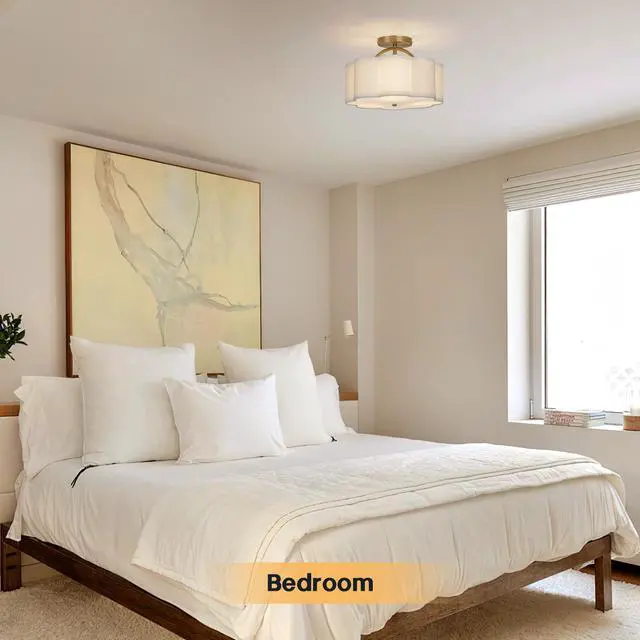 Alt view image 5 of 7 - Semi Flush Mount Ceiling Light, 11.8" Modern 3-Light Fixture with Petal-Shaped Cream White Fabric Shade and Golden Support Arm, Ideal for Bedroom, Kitchen, Living Room, Hallway, and Entryway