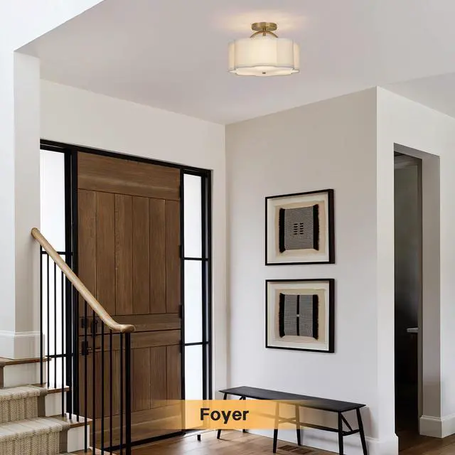 Alt view image 6 of 7 - Semi Flush Mount Ceiling Light, 11.8" Modern 3-Light Fixture with Petal-Shaped Cream White Fabric Shade and Golden Support Arm, Ideal for Bedroom, Kitchen, Living Room, Hallway, and Entryway