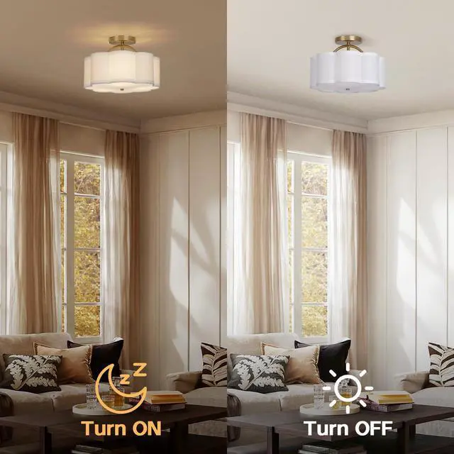 Alt view image 4 of 7 - Semi Flush Mount Ceiling Light, 11.8" Modern 3-Light Fixture with Petal-Shaped Cream White Fabric Shade and Golden Support Arm, Ideal for Bedroom, Kitchen, Living Room, Hallway, and Entryway