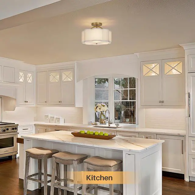 Alt view image 7 of 7 - Semi Flush Mount Ceiling Light, 11.8" Modern 3-Light Fixture with Petal-Shaped Cream White Fabric Shade and Golden Support Arm, Ideal for Bedroom, Kitchen, Living Room, Hallway, and Entryway