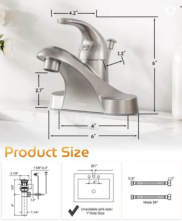 Alt view image 6 of 7 - Bathroom Faucet 1 Handle Low Arc Single Handle 4 inch Centerset Bathroom Sink Faucet with Pop Up Drain Assembly Basin Mixer Tap Brushed Nickel Vanity Faucets