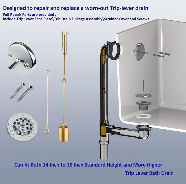 Alt view image 5 of 6 - Tub Drain Linkage Assembly with Trip Lever and Strainer Done Cove, Fit for Trip Lever Bath Tub Waste and Overflow Drain by