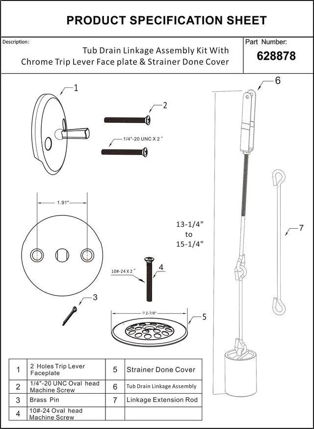 Alt view image 6 of 6 - Tub Drain Linkage Assembly with Trip Lever and Strainer Done Cove, Fit for Trip Lever Bath Tub Waste and Overflow Drain by