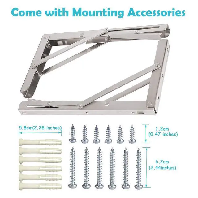 Alt view image 6 of 7 - CLT 20'' Folding Shelf Brackets Max. Load 440 lb, Heavy Duty Stainless Steel DIY Wall Mounted Shelf Bracket Space Saving for Table Work Bench, Pack of 2