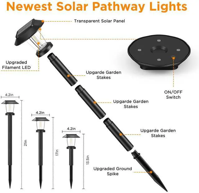 Alt view image 5 of 7 - Solar Pathway Lights Outdoor, 8 Pack Warm White Tungsten Filament Solar Lights, 3 Lighting Modes, Auto On/Off, IP65 Waterproof, Dusk to Dawn Solar Garden Lights for Yard, Driveway, Lawn & Landscape