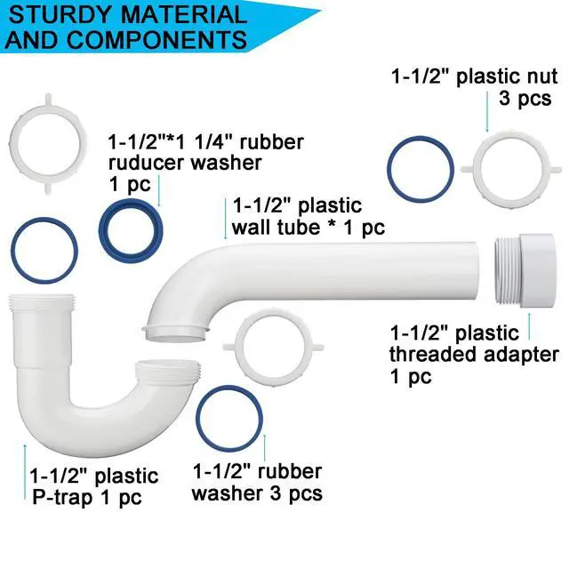 Alt view image 6 of 7 - (1 Pack) White P Trap 1 1/2 Inch for Bathroom Kitchen Sink Drain Pipe Tubular Kit with White Threaded Adapter and Blue TPE Washer KSD-001W