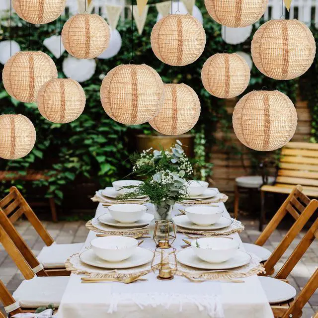 Alt view image 5 of 6 - 12 Pcs Print Burlap Paper Lanterns Round Chinese Paper Lanterns Farmhouse Boho Classroom Home Decor Classroom Sweet Birthday Party Ceremonial Event (8/10/12 Inch)