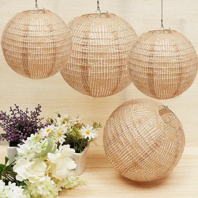 Alt view image 4 of 6 - 12 Pcs Print Burlap Paper Lanterns Round Chinese Paper Lanterns Farmhouse Boho Classroom Home Decor Classroom Sweet Birthday Party Ceremonial Event (8/10/12 Inch)