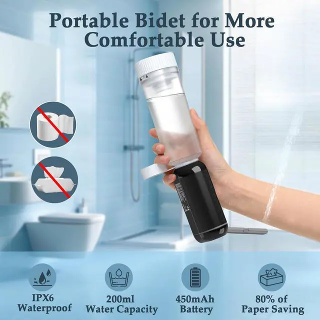 Alt view image 2 of 7 - Portable Bidet for Travel, Rechargeable Waterproof Sprayer, Black | Portable Rechargeable Travel Bidet Sprayer Fits Various Water Bottles, Waterproof High Pressure Handheld for Personal Hygiene