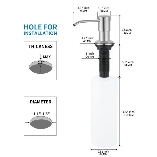 Alt view image 2 of 7 - Built in Soap Dispenser for Kitchen Sink, Brushed Nickel Stainless Steel Countertop Pump Head (Plastic Built-in), Dish Soap Hand Lotion Dispenser with Refillable 17OZ Bottle