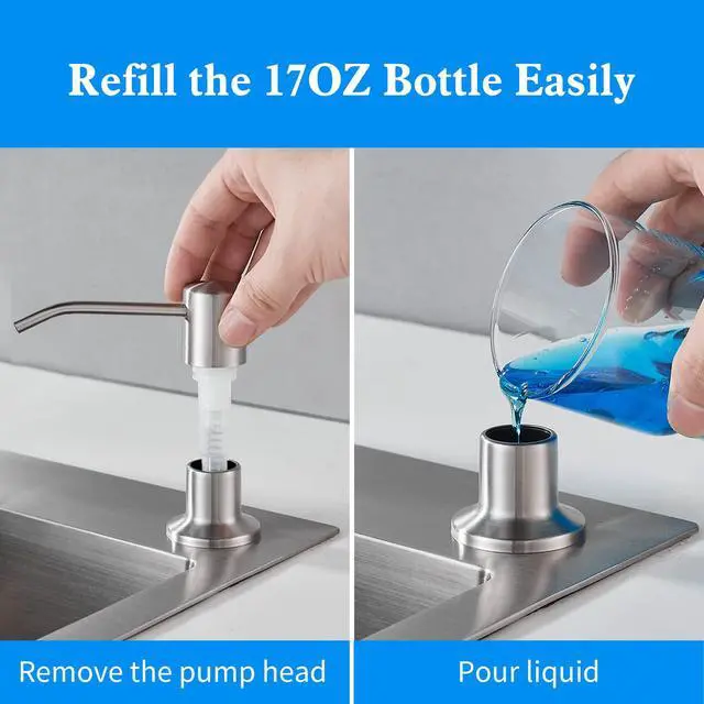 Alt view image 4 of 7 - Built in Soap Dispenser for Kitchen Sink, Brushed Nickel Stainless Steel Countertop Pump Head (Plastic Built-in), Dish Soap Hand Lotion Dispenser with Refillable 17OZ Bottle