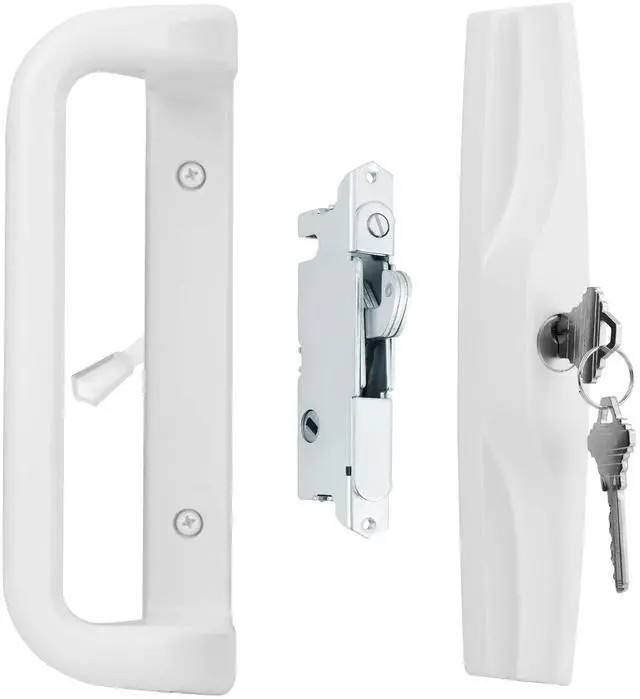 Main image of White Sliding Glass Door Handle Set with Lock and Key | Fits 3-15/16 in screw holes; keyed mortise lock, reversible, for 1-3/16 to 2 in doors