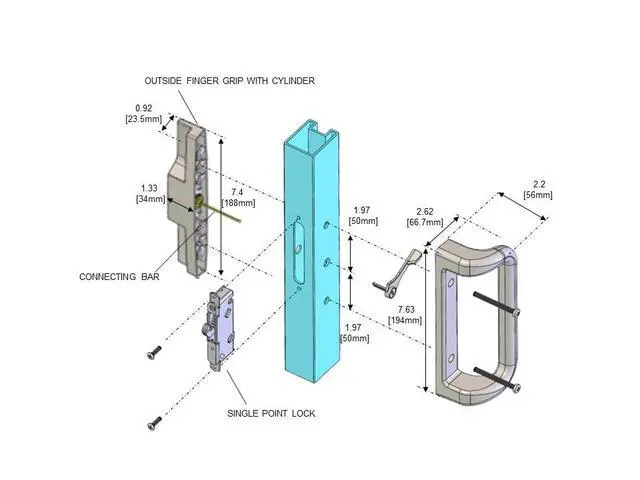 Alt view image 2 of 7 - White Sliding Glass Door Handle Set with Lock and Key | Fits 3-15/16 in screw holes; keyed mortise lock, reversible, for 1-3/16 to 2 in doors