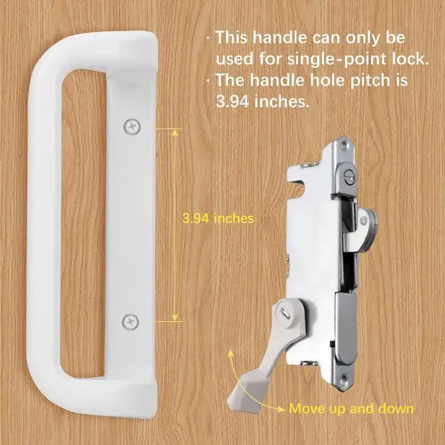 Alt view image 6 of 7 - White Sliding Glass Door Handle Set with Lock and Key | Fits 3-15/16 in screw holes; keyed mortise lock, reversible, for 1-3/16 to 2 in doors