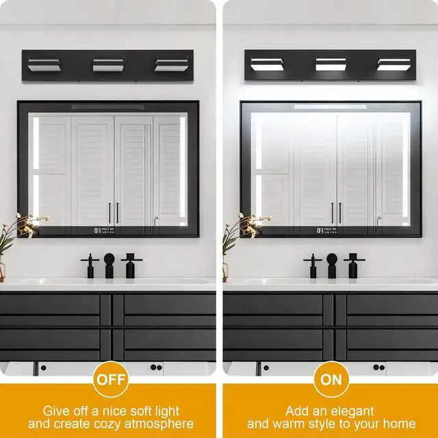 Alt view image 3 of 7 - LED Modern Bathroom Vanity Light Fixtures, Modern Acrylic Bathroom Wall Lighting Fixtures Over Mirror, 3-Light, 24-Inch, Black, White