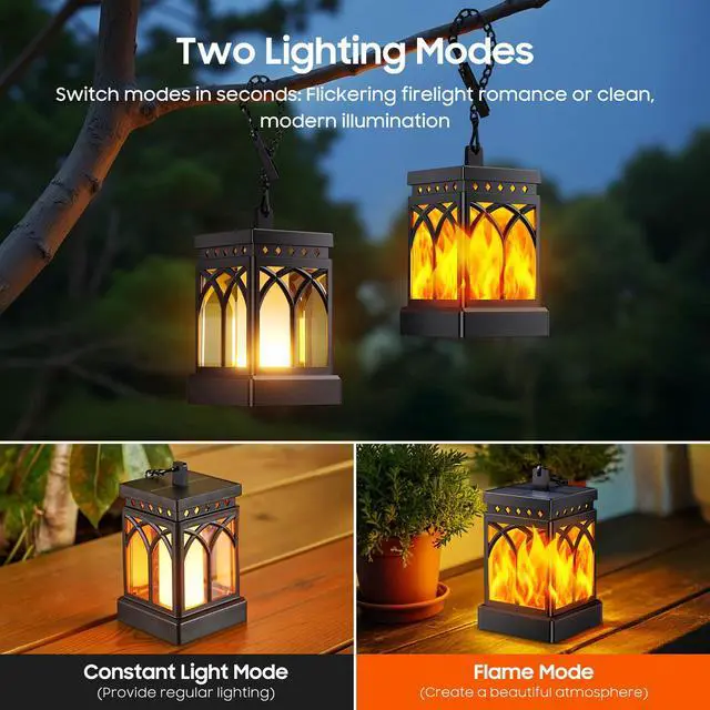 Alt view image 2 of 7 - 4 Pack Solar Lanterns Outdoor Waterproof, Upgraded Flickering Flame Modes + Constant Modes Hanging Solar Lantern Lights for Outside, Lanterns Decorative Outdoor for Garden Table Yard Tree Decor