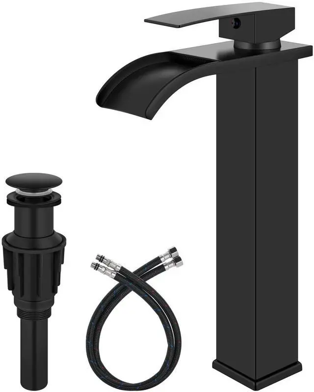 Main image of Matte Black Waterfall Vessel Sink Faucet,Tall Bathroom Faucet | Single-Handle Single-Hole Lavatory Vanity Sink Faucet Mixer Tap Includes Pop-Up Drain and Supply Lines
