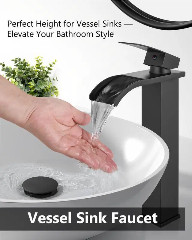 Alt view image 2 of 7 - Matte Black Waterfall Vessel Sink Faucet,Tall Bathroom Faucet | Single-Handle Single-Hole Lavatory Vanity Sink Faucet Mixer Tap Includes Pop-Up Drain and Supply Lines