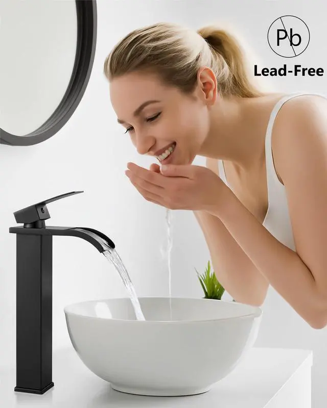 Alt view image 3 of 7 - Matte Black Waterfall Vessel Sink Faucet,Tall Bathroom Faucet | Single-Handle Single-Hole Lavatory Vanity Sink Faucet Mixer Tap Includes Pop-Up Drain and Supply Lines