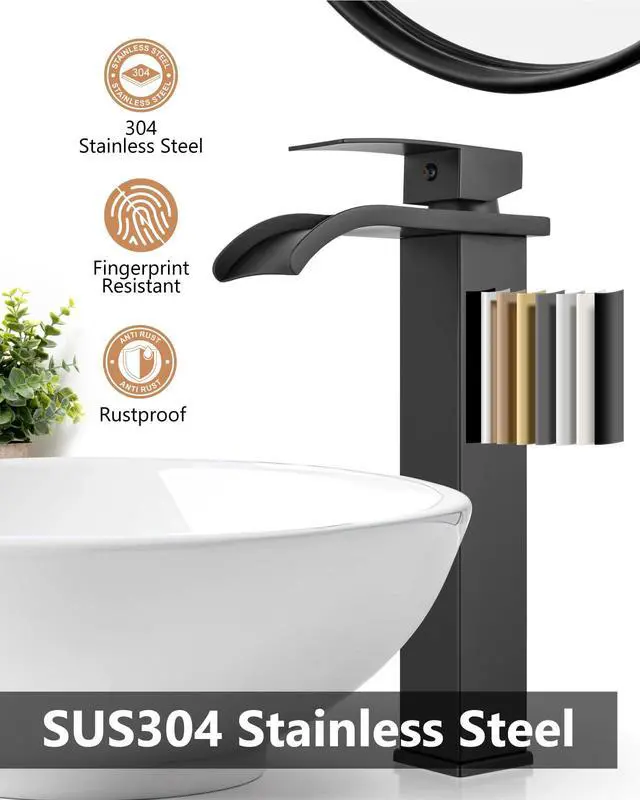Alt view image 4 of 7 - Matte Black Waterfall Vessel Sink Faucet,Tall Bathroom Faucet | Single-Handle Single-Hole Lavatory Vanity Sink Faucet Mixer Tap Includes Pop-Up Drain and Supply Lines
