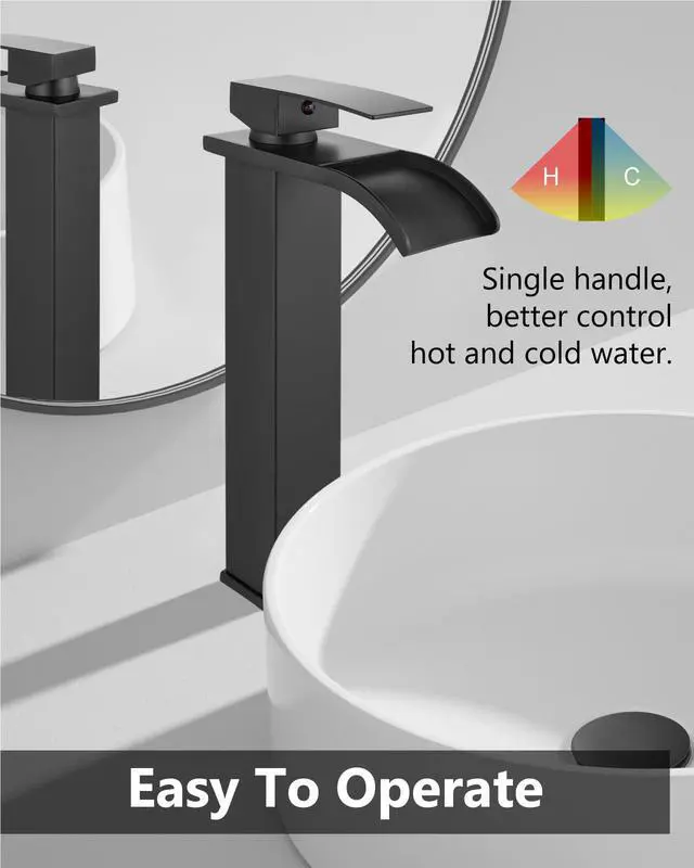 Alt view image 5 of 7 - Matte Black Waterfall Vessel Sink Faucet,Tall Bathroom Faucet | Single-Handle Single-Hole Lavatory Vanity Sink Faucet Mixer Tap Includes Pop-Up Drain and Supply Lines