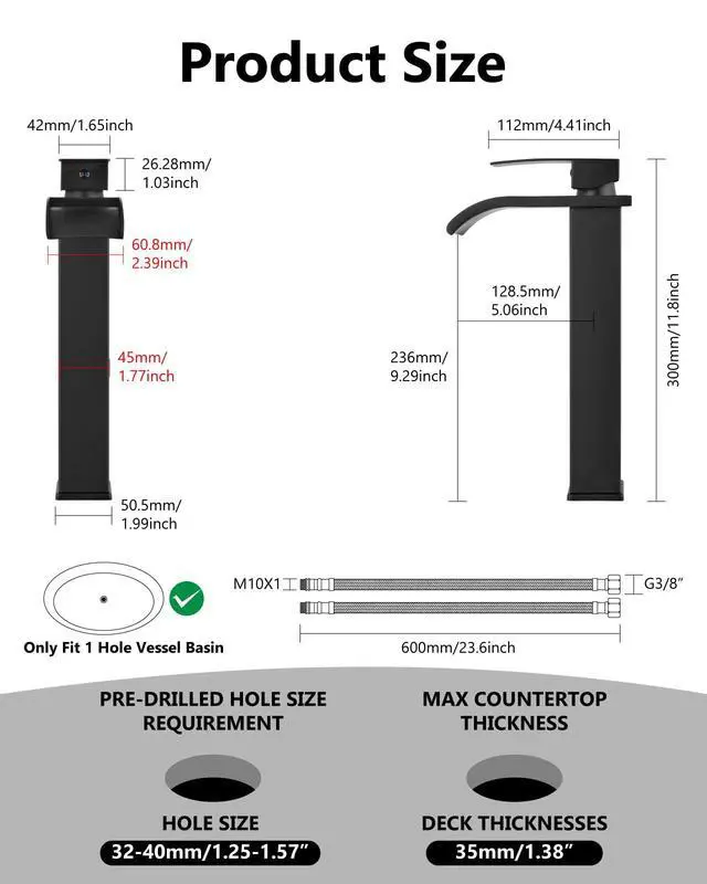 Alt view image 6 of 7 - Matte Black Waterfall Vessel Sink Faucet,Tall Bathroom Faucet | Single-Handle Single-Hole Lavatory Vanity Sink Faucet Mixer Tap Includes Pop-Up Drain and Supply Lines
