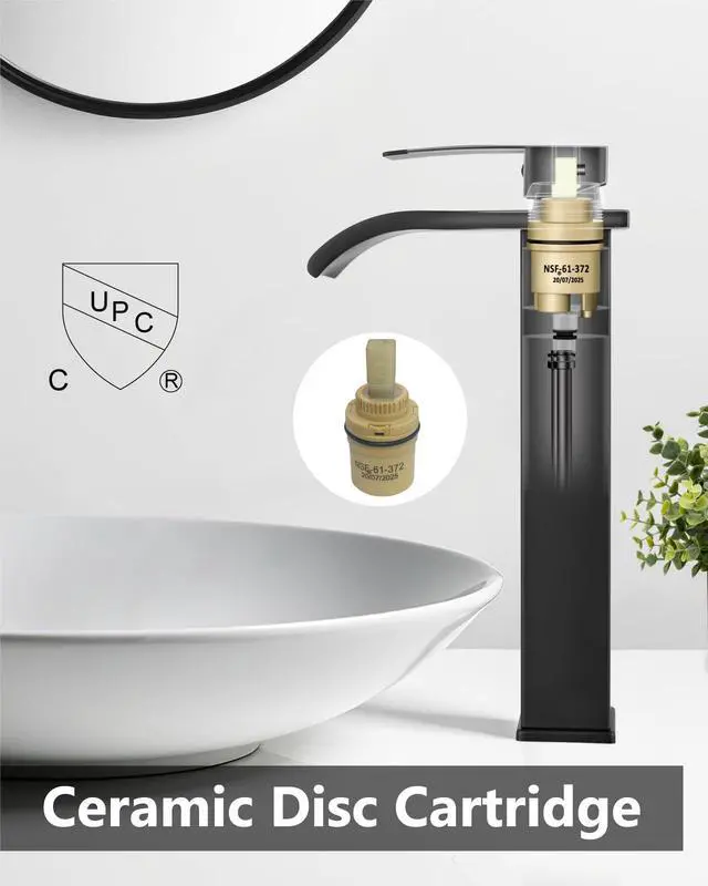 Alt view image 7 of 7 - Matte Black Waterfall Vessel Sink Faucet,Tall Bathroom Faucet | Single-Handle Single-Hole Lavatory Vanity Sink Faucet Mixer Tap Includes Pop-Up Drain and Supply Lines