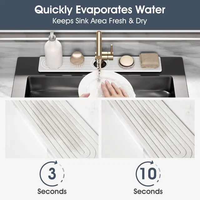 Alt view image 2 of 7 - Quick Drying Stone Faucet Mat for Kitchen Sink - Diatomite Sink Mat Absorbing Stone Tray for Bathroom Counter, Sink Faucet Splash Guard Water Protector Matt for Kitchen Counter(White, 14" x 3.9")