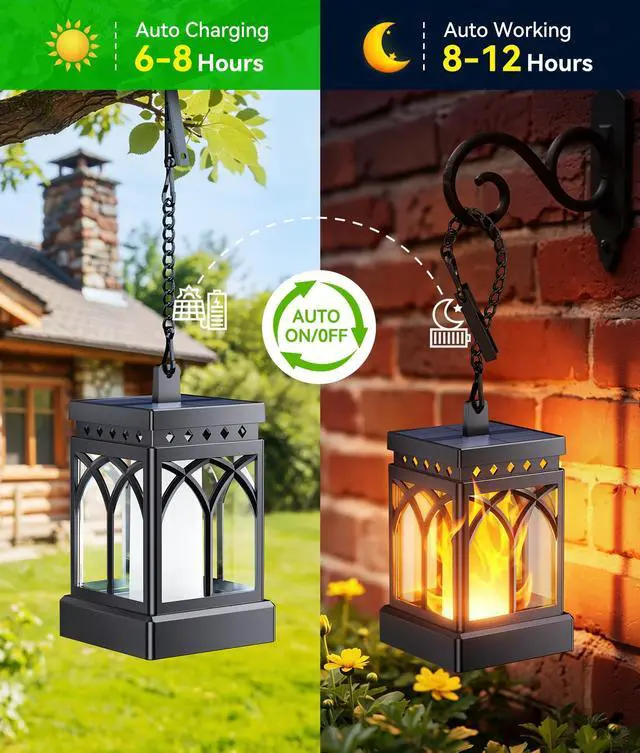 Alt view image 6 of 7 - 4 Pack Solar Lanterns Outdoor Waterproof, Upgraded Flickering Flame Modes + Constant Modes Hanging Solar Lantern Lights for Outside, Lanterns Decorative Outdoor for Garden Table Yard Tree Decor