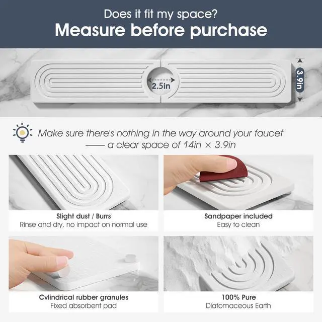 Alt view image 6 of 7 - Quick Drying Stone Faucet Mat for Kitchen Sink - Diatomite Sink Mat Absorbing Stone Tray for Bathroom Counter, Sink Faucet Splash Guard Water Protector Matt for Kitchen Counter(White, 14" x 3.9")