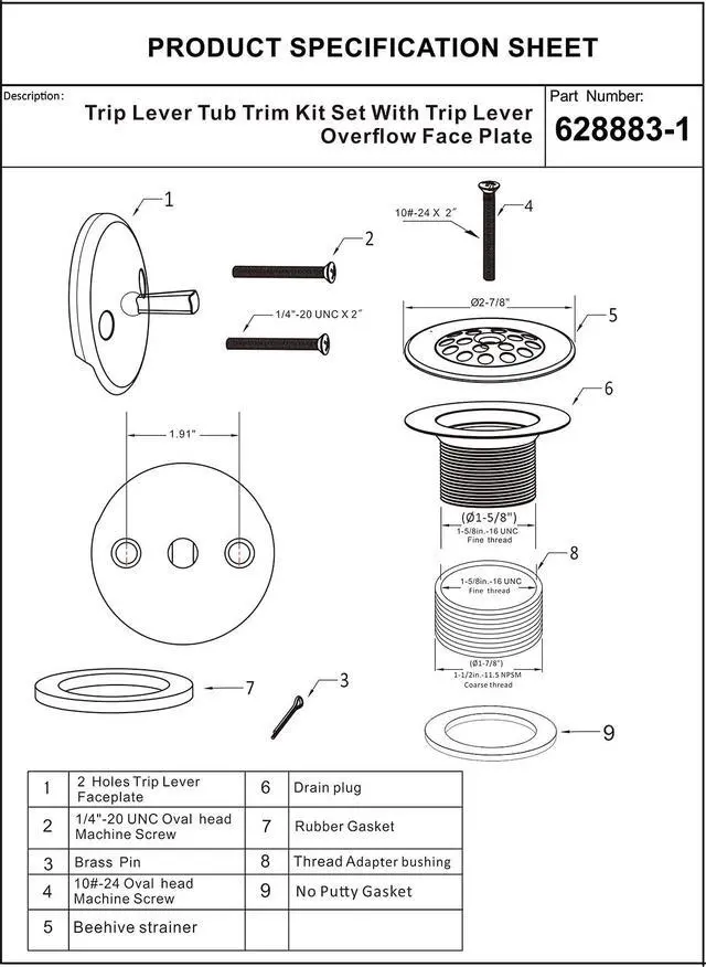 Alt view image 6 of 6 - Matte Black Trip Lever Tub Trim Kit Set with Trip Lever Overflow Face Plate, No putty Gasket,Trip Lever Bathtub Drain with Strainer, Overflow and Matching Screws, No putty installation By