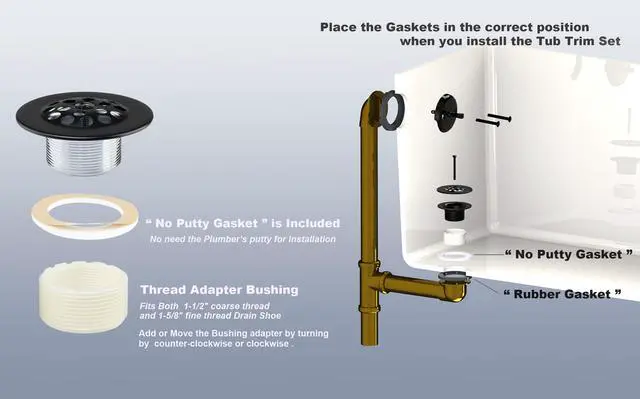 Alt view image 5 of 6 - Matte Black Trip Lever Tub Trim Kit Set with Trip Lever Overflow Face Plate, No putty Gasket,Trip Lever Bathtub Drain with Strainer, Overflow and Matching Screws, No putty installation By