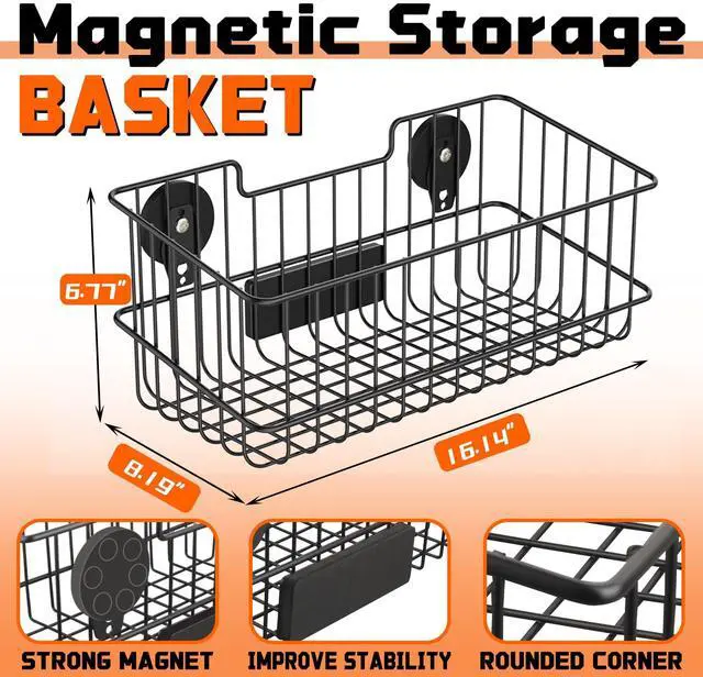 Alt view image 2 of 7 - Magnetic Baskets, Large Capacity Metal Wire Mesh Basket Holder Organizer for Sundry Tool Storage, Magnetic Shelf for Garage, Laundry, Kitchen, Workshop, Cabinet(2 Pack)