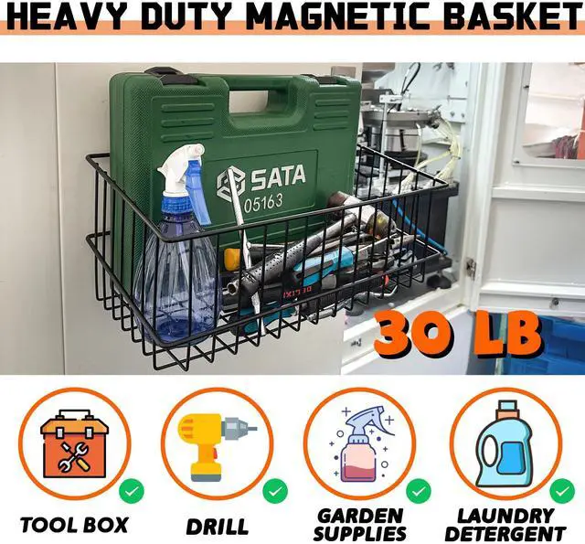 Alt view image 7 of 7 - Magnetic Baskets, Large Capacity Metal Wire Mesh Basket Holder Organizer for Sundry Tool Storage, Magnetic Shelf for Garage, Laundry, Kitchen, Workshop, Cabinet(2 Pack)