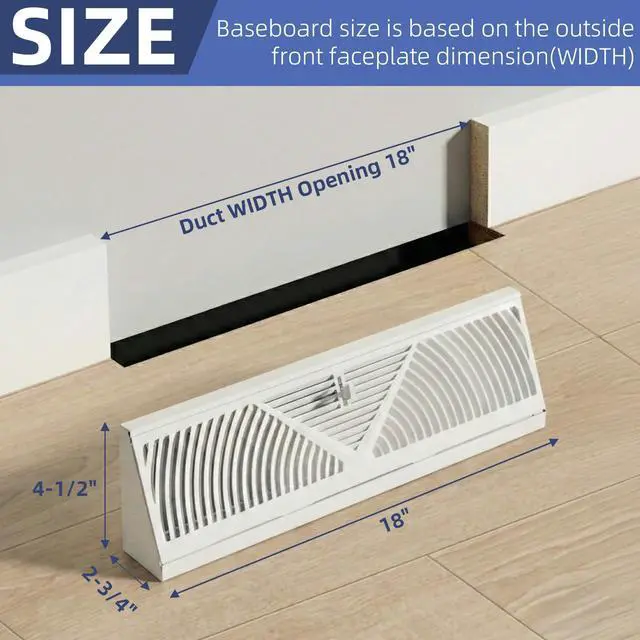 Alt view image 2 of 7 - 4PK 18 inch Baseboard Register Vent for 18"Duct,Baseboard Vent Cover | Steel Baseboard Diffuser,3 Way Maximum Air Flow,Smooth Adjust Lever,Wall Corner Base-Board Air Covers,18"Wx4.5"H x 2.75"Deep
