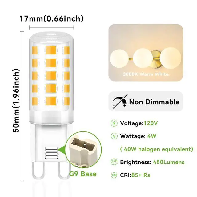 Alt view image 2 of 7 - 12 Pack G9 LED Bulb, Eq 40 Watt G9 Halogen Bulb, 3000K Soft Warm White | 120V 4W G9 Light Bulb, T4 Bi-pin Base, Small G 9 Socket for Chandelier, 450Lumen, Non-dimmable