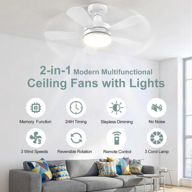 Alt view image 2 of 7 - 17.7" Socket Fan Light, 3000 Lumens Small Ceiling Fans with Lights and Remote, E26/E27 Light Bulb Fan with Reversible Motor, Dimmable 3000K-6500K Light Socket Fan for Bedroom Kitchen Garage
