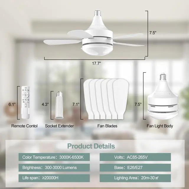 Alt view image 7 of 7 - 17.7" Socket Fan Light, 3000 Lumens Small Ceiling Fans with Lights and Remote, E26/E27 Light Bulb Fan with Reversible Motor, Dimmable 3000K-6500K Light Socket Fan for Bedroom Kitchen Garage