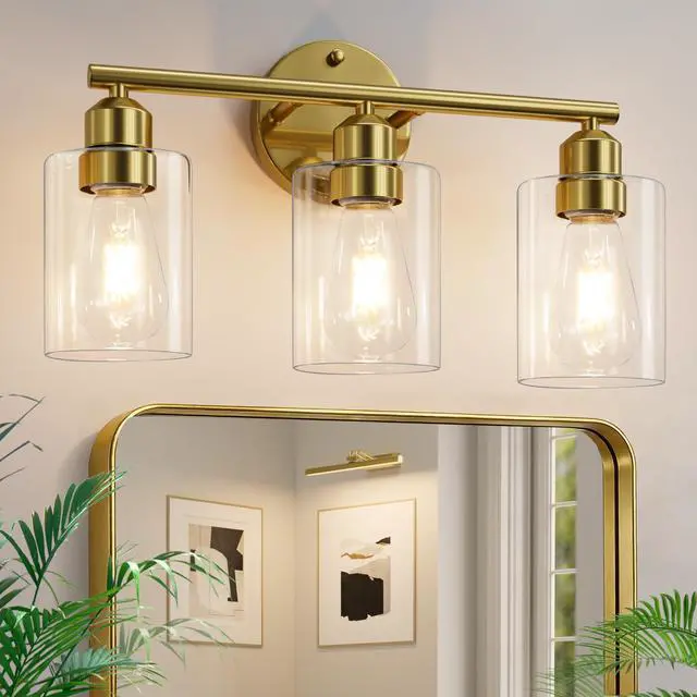 Main image of 3-Light Bathroom Gold Vanity Light Fixtures,17.3'' | Clear Glass Shade,Modern Wall Lamp for Mirror