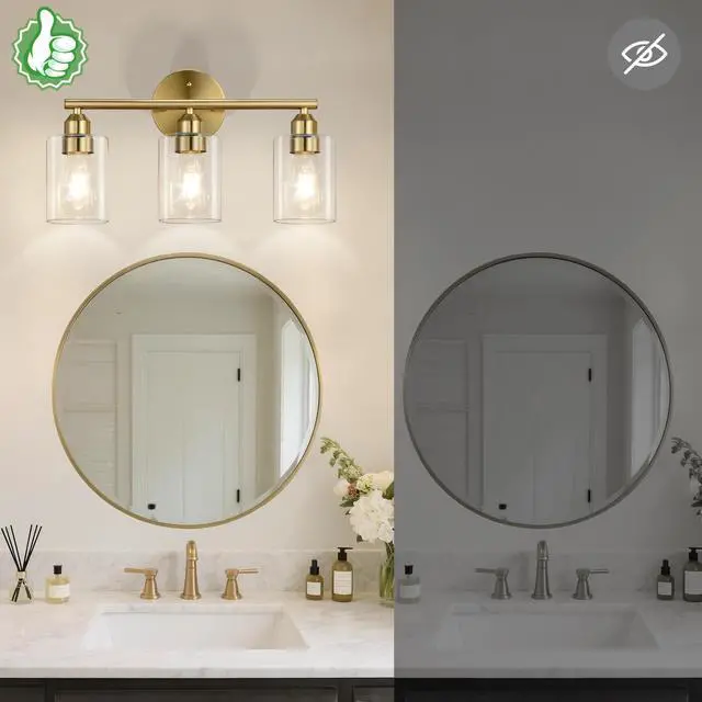 Alt view image 2 of 6 - 3-Light Bathroom Gold Vanity Light Fixtures,17.3'' | Clear Glass Shade,Modern Wall Lamp for Mirror