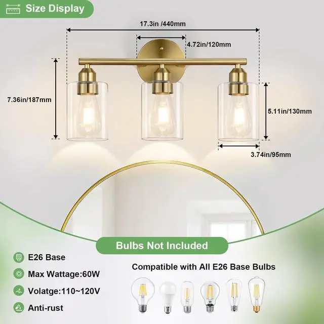 Alt view image 4 of 6 - 3-Light Bathroom Gold Vanity Light Fixtures,17.3'' | Clear Glass Shade,Modern Wall Lamp for Mirror